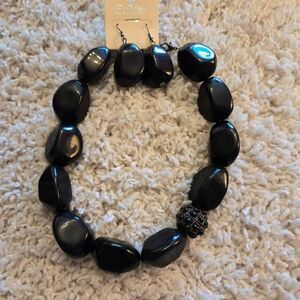 XLarge Black Bead Necklace Black Rhinestone Accent Bead + Earrings